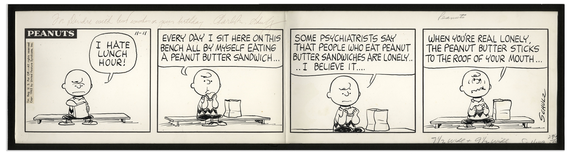 Charles Schulz Hand-Drawn ''Peanuts'' Comic Strip From 1963 Featuring Charlie Brown